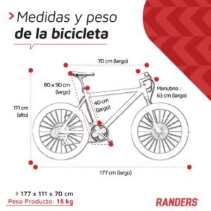 Dibujo de bicicleta mountain bike talle L, con las distintas medidas. Largo: del asiento al manubrio 70cm. Largo Manubrio: 63cm. Altura total: 111cm. Altura del pedal al asiento: de 80 a 90cm. Altura caño asiento: 40cm. Largo total :177cm