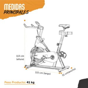 Dibujo con las medidas y el peso de la incoor bike 2100BS armada. Altura: 113cm. Largo: 115cm. Ancho 51cm. Peso de 41kg