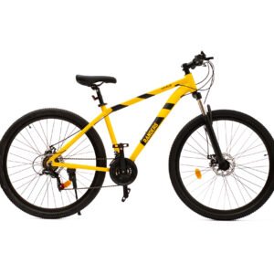 Imagen de una bicicleta mountain bike de color amarillo con detalles en negro. Se distingue un amortiguador en la rueda delantera y el sistema de cambios en la rueda trasera. Además, la bicicleta cuenta con ojos de gato en ambas ruedas para mejorar la visibilidad en condiciones de poca luz.