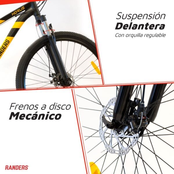 Dos imágenes. Una de la suspensión delantera de una bicicleta. La otra del freno a disco mecánico