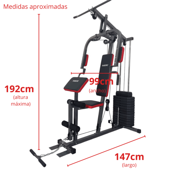 Imagen del multigym Randers 63142-x, con las medidas aproximadas de ancho: 99cm, largo: 147cm y alto: 192cm