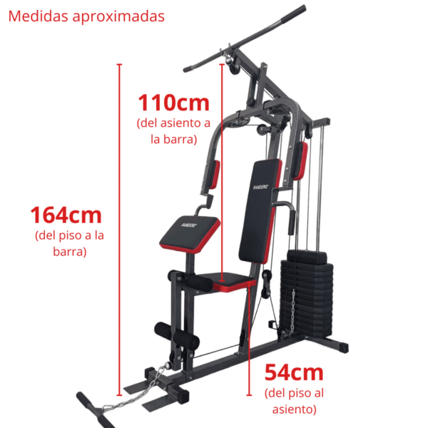 Imagen del multigym Randers 63142-x, con las medidas aproximadas de altura del piso hasta el asiento: 54cm, de altura del piso hasta la barra: 164cm y de altura del asiento hasta la barra: 110cm
