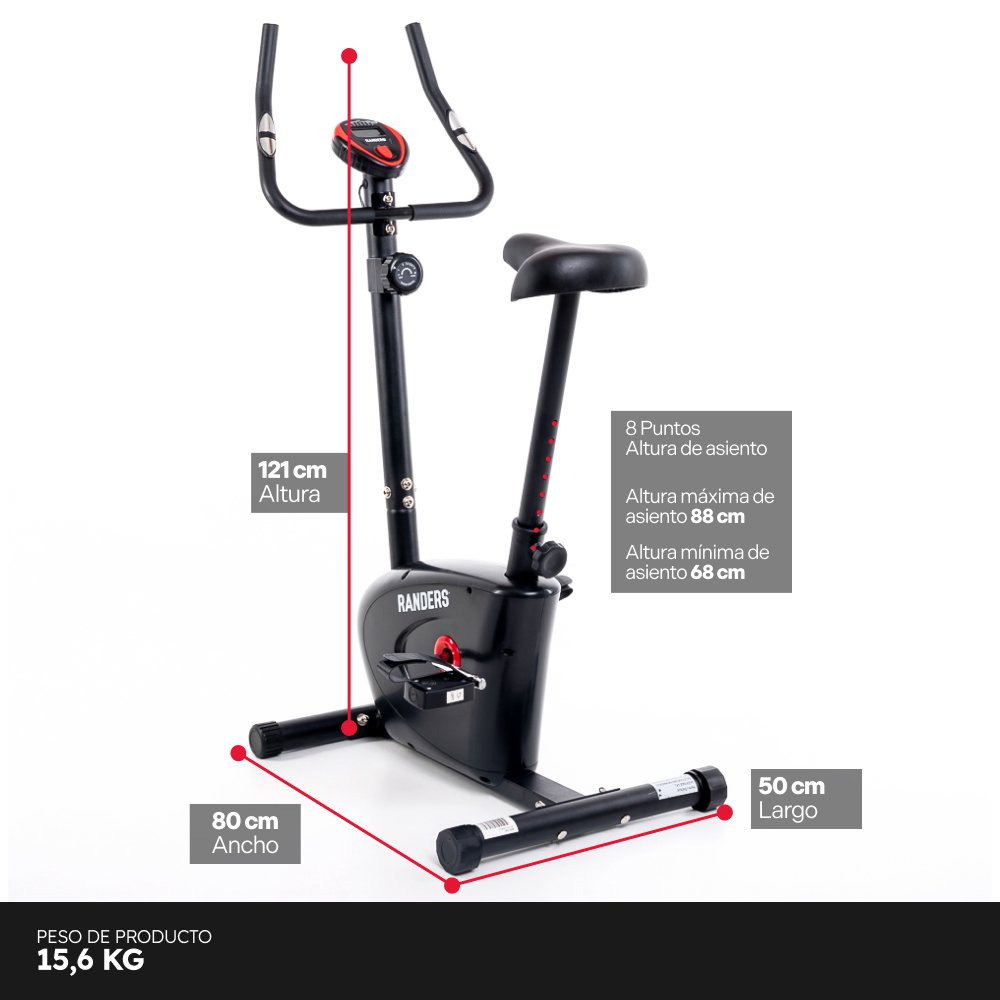 Imagen de la bicicleta fija Randers arg-160 con las medidas del equipo armado. Altura 121cm, ancho 50cm y largo 80cm
